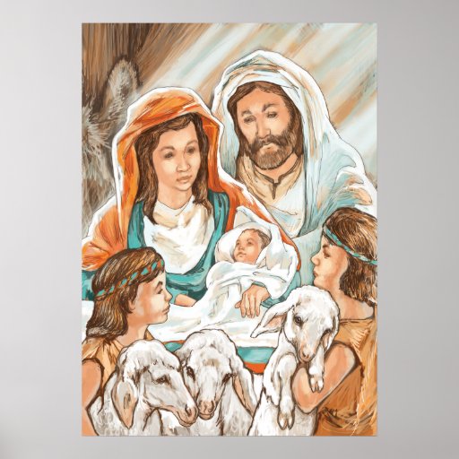 Nativity Painting with Little Shepherd Boys Poster | Zazzle