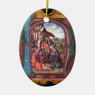 NATIVITY PARCHMENT Blue Gemstone Monogram Ceramic Ornament