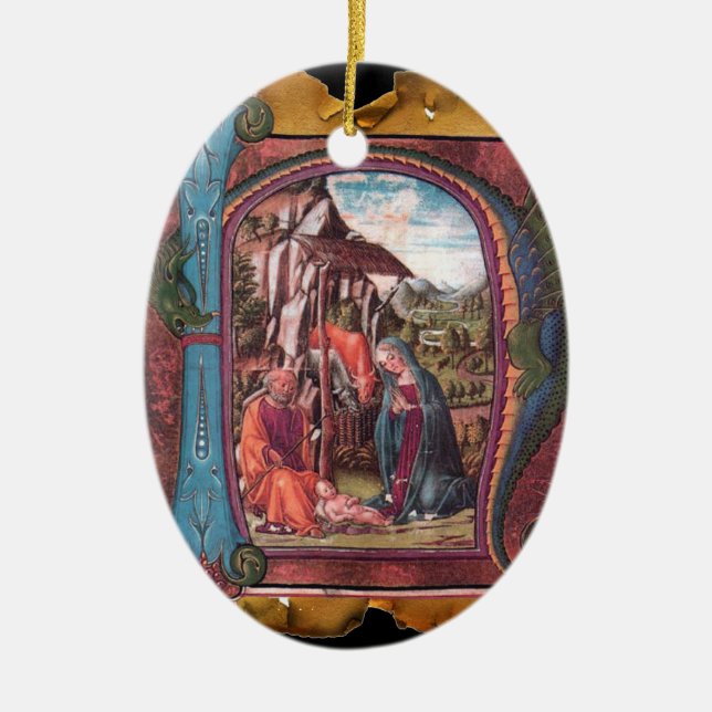 NATIVITY PARCHMENT Blue Gemstone Monogram Ceramic Ornament (Front)