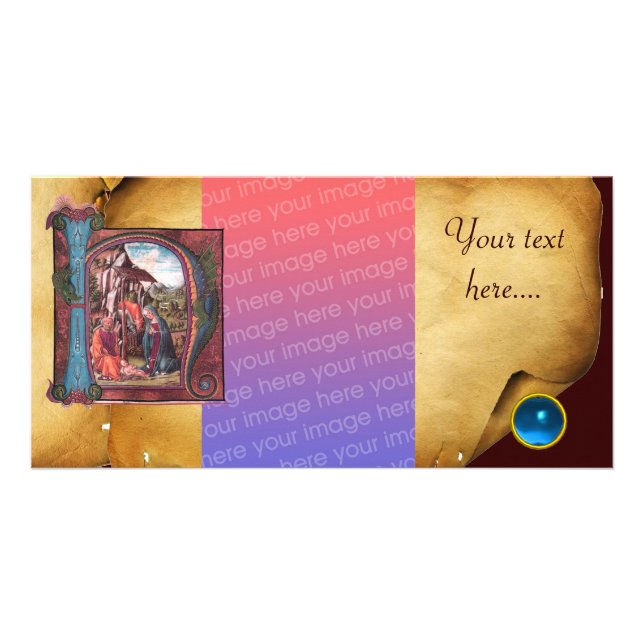 NATIVITY PARCHMENT Blue Sapphire Monogram Card (Front)