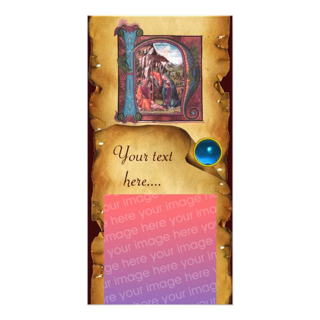NATIVITY PARCHMENT Blue Sapphire Monogram Card (Front)