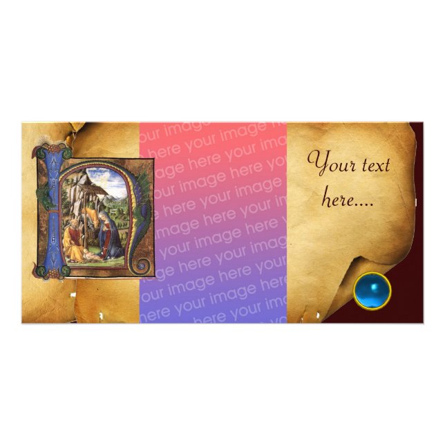 NATIVITY PARCHMENT Blue Sapphire Monogram Card (Front)