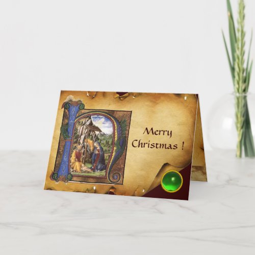 NATIVITY PARCHMENT Green Emerald Monogram Holiday Card
