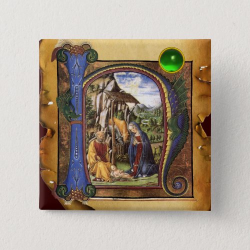 NATIVITY PARCHMENT Green Emerald Monogram Pinback Button