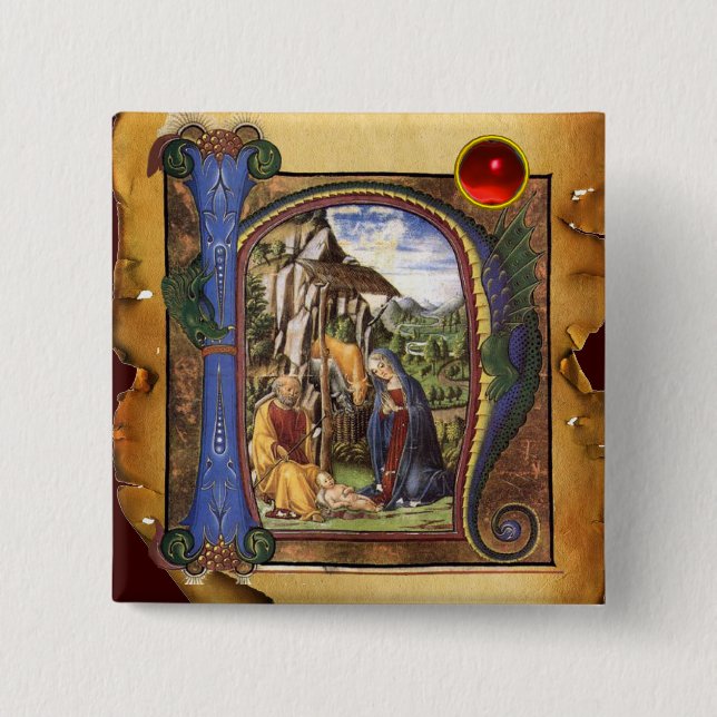 NATIVITY PARCHMENT Red Ruby Monogram Button (Front)