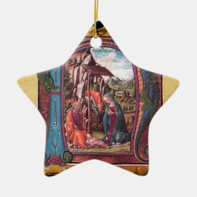 NATIVITY PARCHMENT STAR Blue Gemstone Monogram Ceramic Ornament (Front)