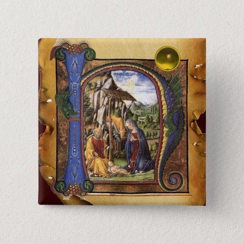 NATIVITY PARCHMENT Yellow Topaz Monogram Pinback Button