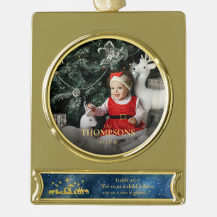 Nativity Photo Holiday Baby Announcement Isaiah Gold Plated Banner Ornament