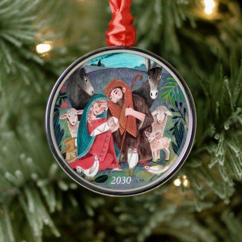 Nativity religious Christmas illustration Metal Ornament
