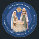 Nativity Return Name Address Gold Text Blue Classic Round Sticker<br><div class="desc">A beautiful painted Nativity Scene,  with Mary,  Joseph and baby Jesus in a manger in the center,  on a dark blue background with white lettering. Easily personalise your name which is curved above,  and your return address curved below.</div>