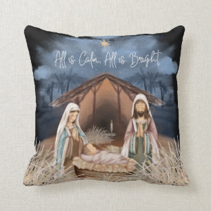 Nativity Scene All Is Calm, All is Bright Lyrics Throw Pillow