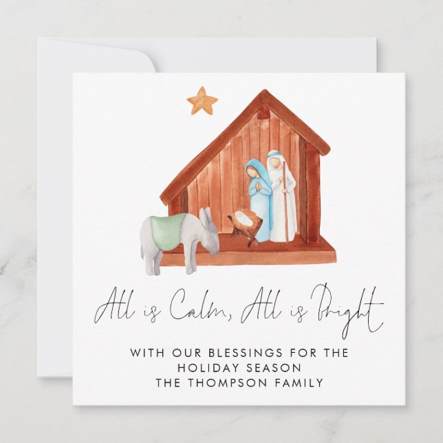 Nativity Scene All Is Calm Flat Note Card (Front)