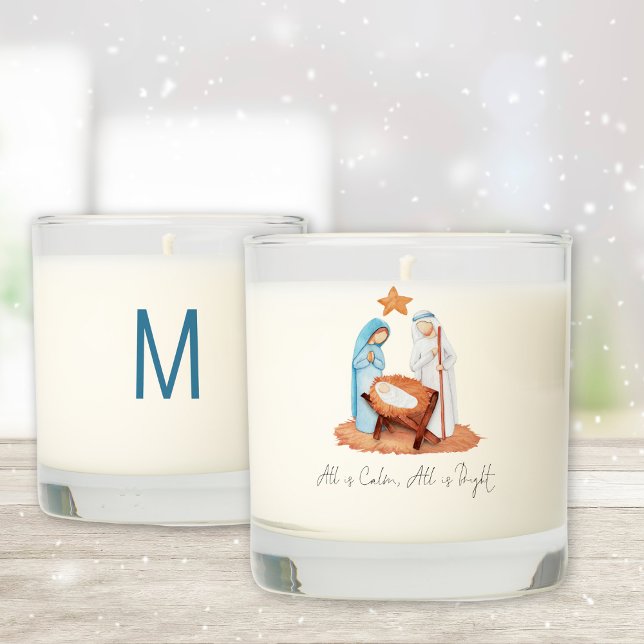 Nativity Scene All Is Calm Initial Christmas  Scented Candle (Front and back view)
