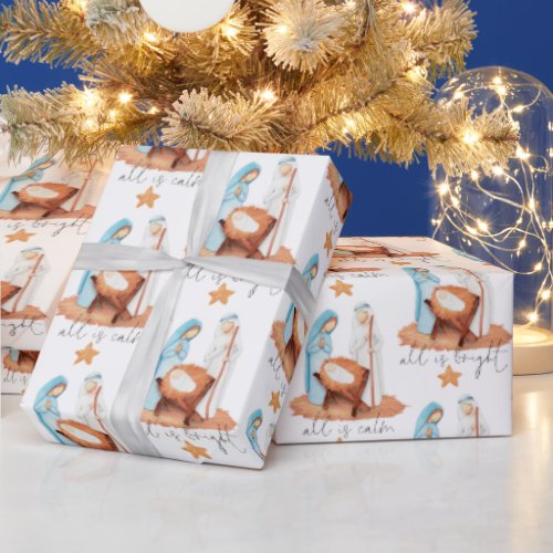Nativity Scene All Is Calm Script Christmas Wrapping Paper