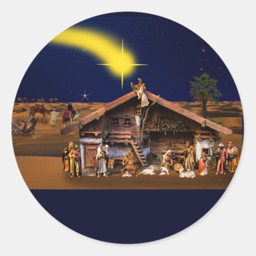 Nativity Scene at Midnight in Bethlehem Design Classic Round Sticker