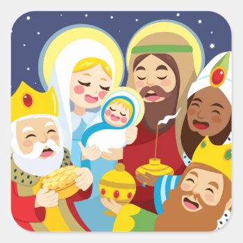 Nativity Scene Baby Jesus Birth Square Sticker by Kakigori at Zazzle