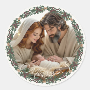 Nativity Scene Baby Jesus in the Manger Your Photo Classic Round Sticker