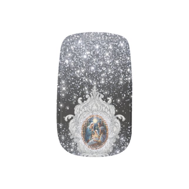 Nativity Scene Beautiful Elegant Faux Glitter Minx Nail Art (Left Thumb)