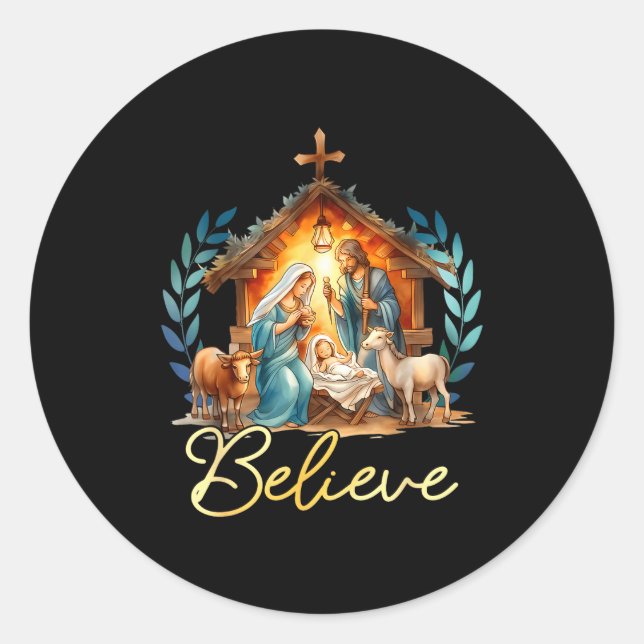 Nativity Scene Believe Christian Xmas Family Merry Classic Round Sticker (Front)