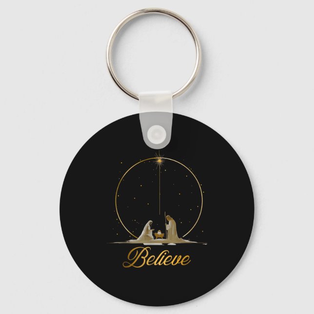 Nativity Scene Believe Christian Xmas Family Merry Keychain (Front)