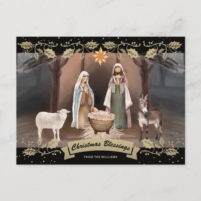 Nativity Scene Black Gold Christian Christmas Holiday Postcard (Front)
