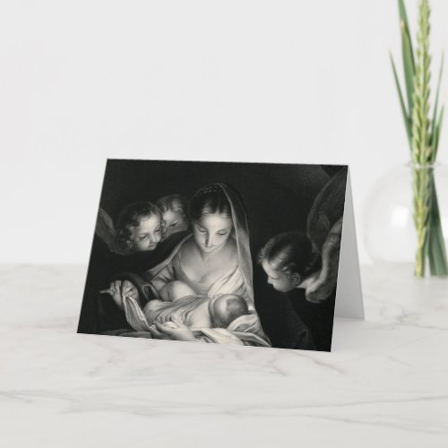 Nativity Scene Crib Virgin Mary Baby Jesus Angels Holiday Card