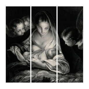 Nativity Scene Crib Virgin Mary Baby Jesus Angels  Triptych