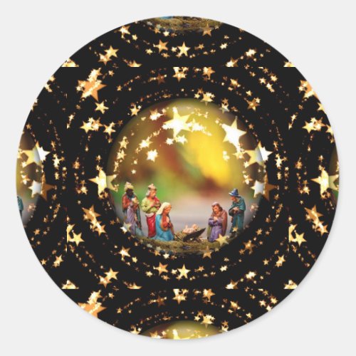 Nativity Scene Crib Virgin Mary Infant Jesus Stars Classic Round Sticker