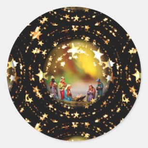 Nativity Scene Crib Virgin Mary Infant Jesus Stars Classic Round Sticker
