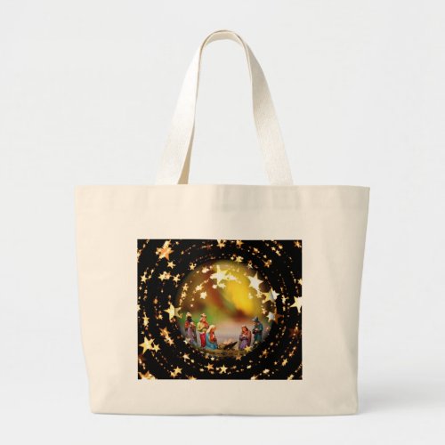 Nativity Scene Crib Virgin Mary Infant Jesus Stars Large Tote Bag