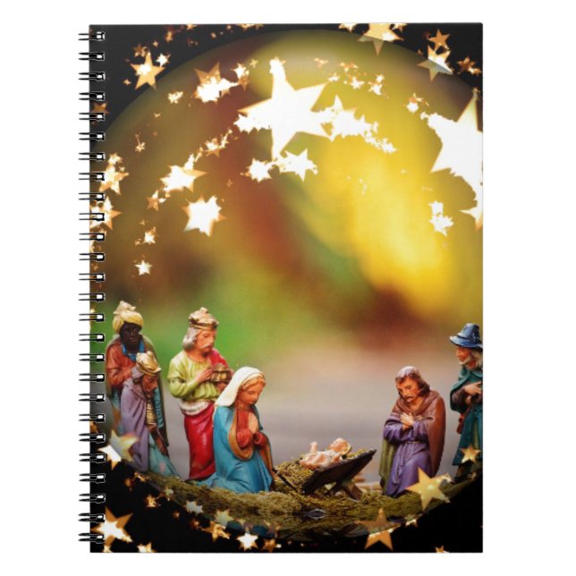 Nativity Scene Crib Virgin Mary Infant Jesus Stars Notebook (Front)