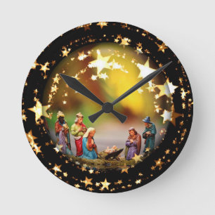 Nativity Scene Crib Virgin Mary Infant Jesus Stars Round Clock