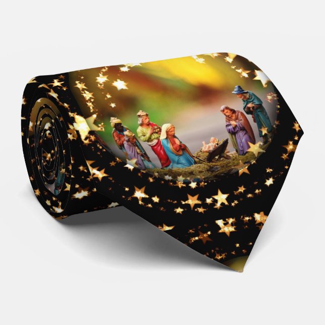 Nativity Scene Crib Virgin Mary Infant Jesus Stars Tie (Rolled)