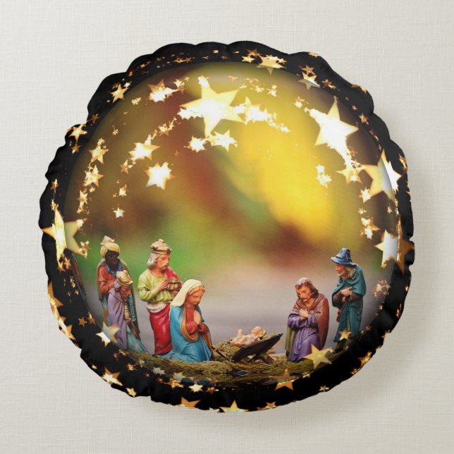 Nativity Scene Crib Virgin Mary Jesus Joseph Kings Round Pillow (Front)