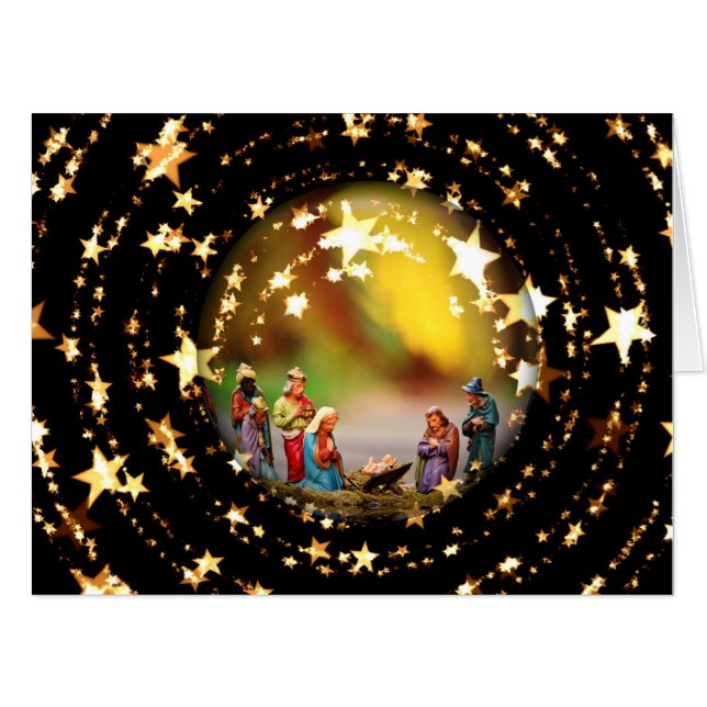 Nativity Scene Crib Virgin Mary Jesus Joseph Stars Card (Front Horizontal)