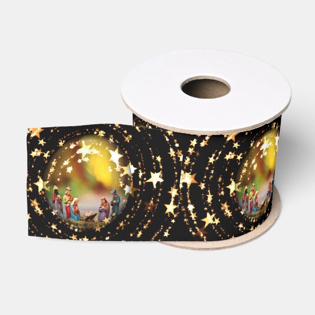 Nativity Scene Crib Virgin Mary Jesus Joseph Stars Grosgrain Ribbon (Spool)
