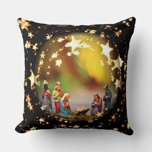 Nativity Scene Crib Virgin Mary Jesus Joseph Stars Throw Pillow