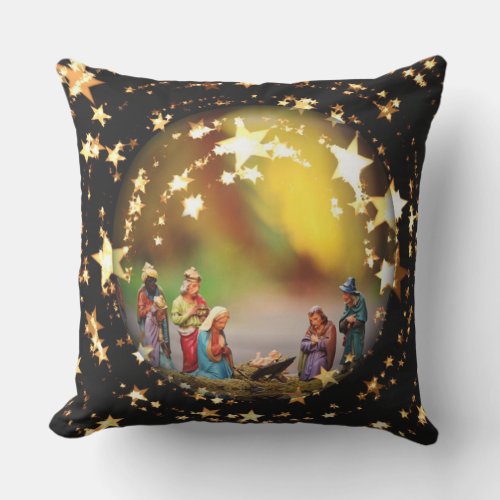 Nativity Scene Crib Virgin Mary Jesus Joseph Stars Throw Pillow