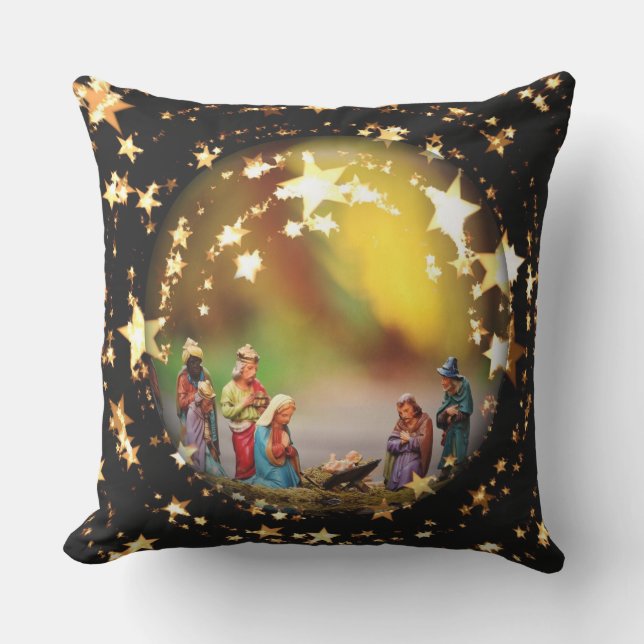 Nativity Scene Crib Virgin Mary Jesus Joseph Stars Throw Pillow (Front)