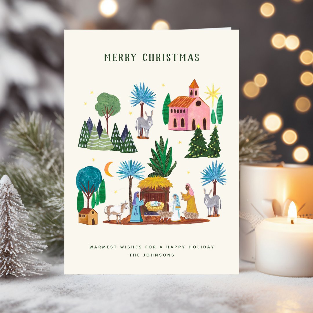 Nativity Scene Ecru Hand drawn Merry Christmas Holiday Card