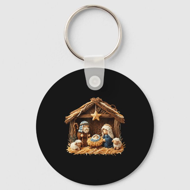 Nativity Scene Faux Yarn Crochet Jesus Christmas R Keychain (Front)