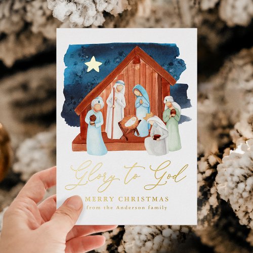 Nativity Scene Glory to God Foil Holiday Card