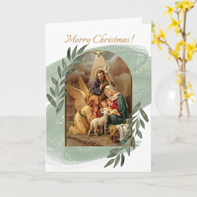 Nativity Scene Green Chrirstmas Card (Yellow Flower)