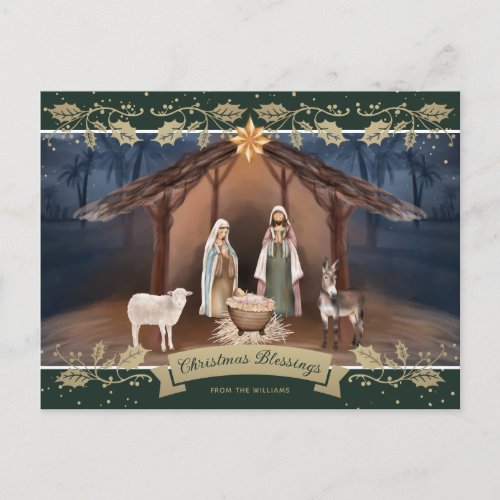 Nativity Scene Green Christian Christmas Holiday Postcard