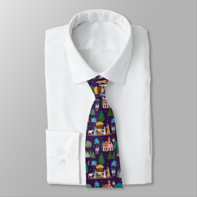 Nativity Scene Hand drawn Christmas Neck Tie (Tied)