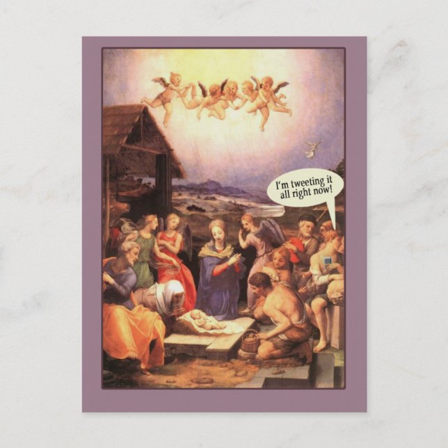 Nativity Scene Humorous Cards Tweeting it Now (Front)