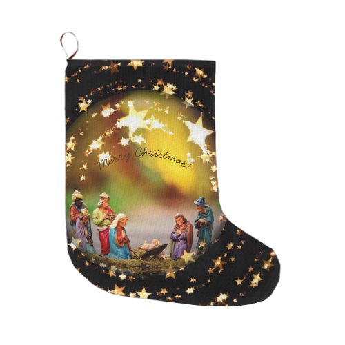 Nativity Scene Jesus in Crib Starry Christmas Large Christmas Stocking