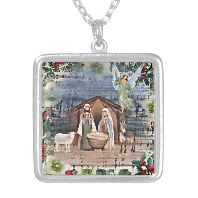 Nativity Scene, Joy to the World, Silver Plated Necklace (Front)