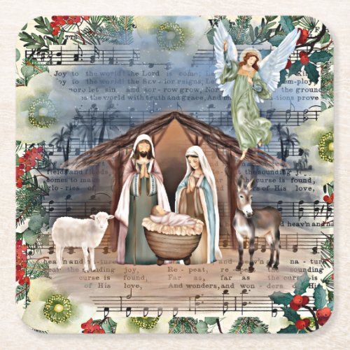 Nativity Scene Joy to the World Square Paper Coaster