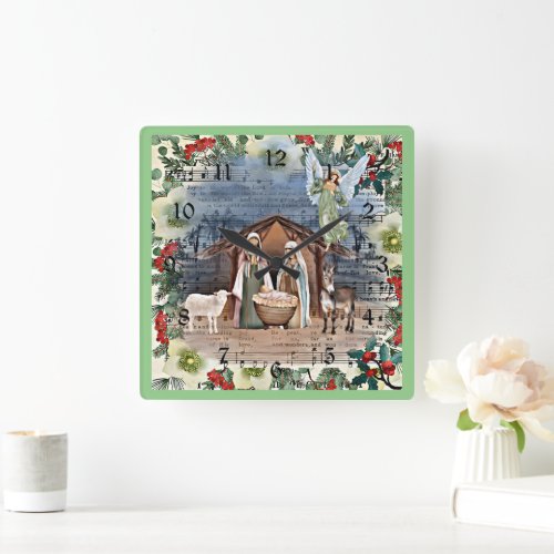 Nativity Scene Joy to the World Square Wall Clock